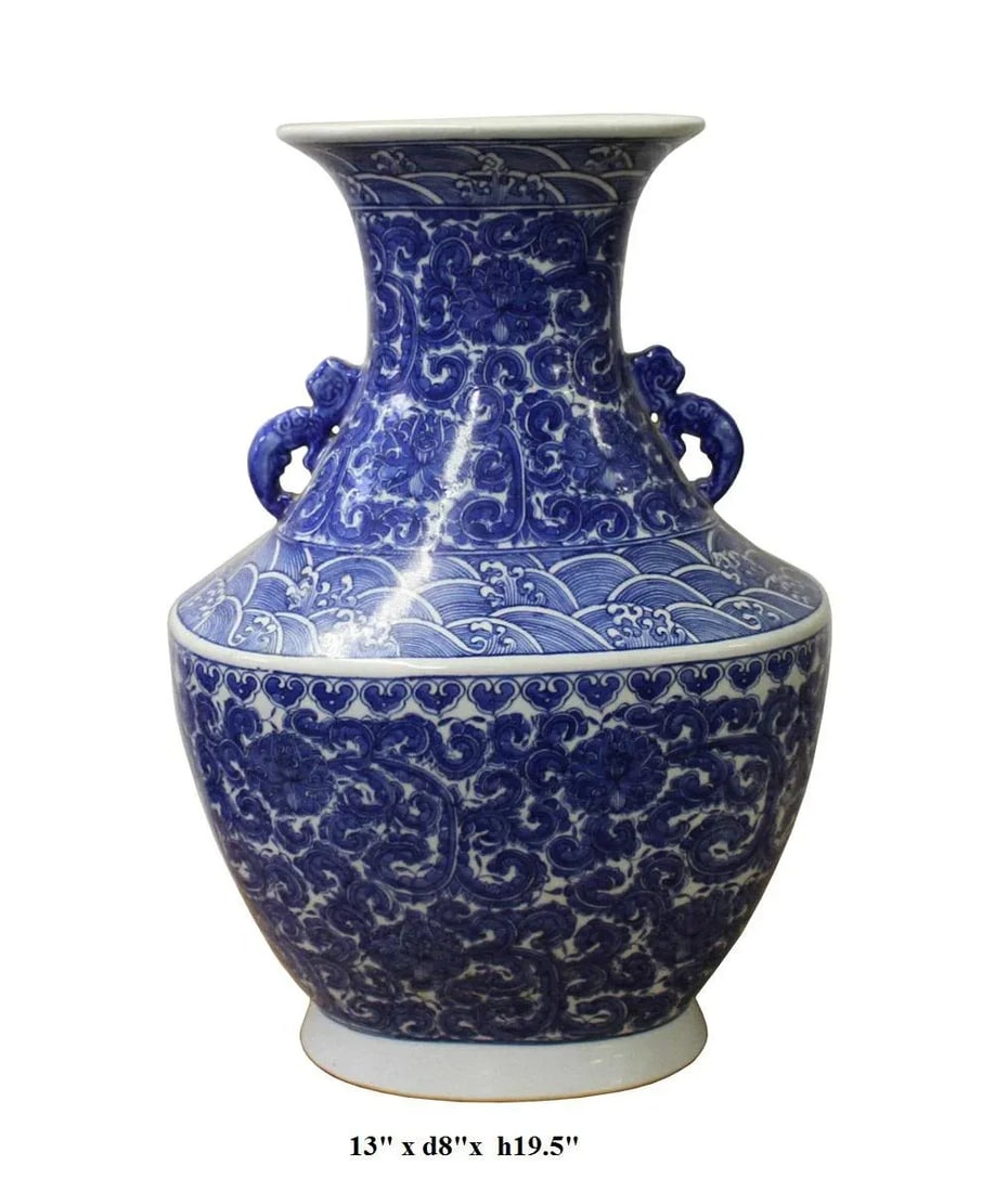 Chinese Blue White Porcelain Scroll Pattern Graphic Wide Body Vase - 6