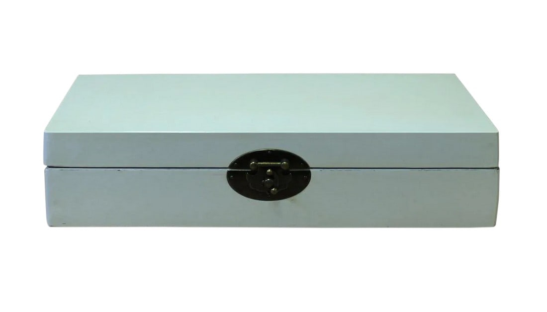 Chinese Off White Rectangular Shape Container Box: This is a Chinese decorative box in rectangular shape and round hardware accent. The surface is a layer of vinyl cover in off white color. Dimensions: w8"x d4"X h2.5" Origin: China