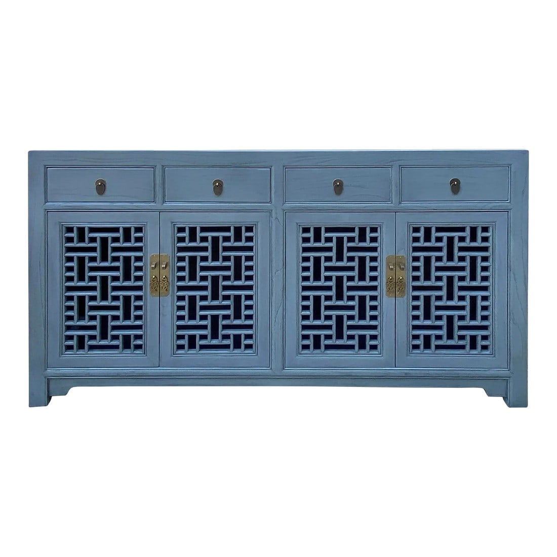 Asian Gray Shutter Doors Hardware Sideboard Credenza Console Cabinet: This is a storage cabinet with a distressed gray #5F7993 lacquer finish. The doors are decorated with geometric open see-through patterns. It can be a sideboard, credenza, or tv console table. 