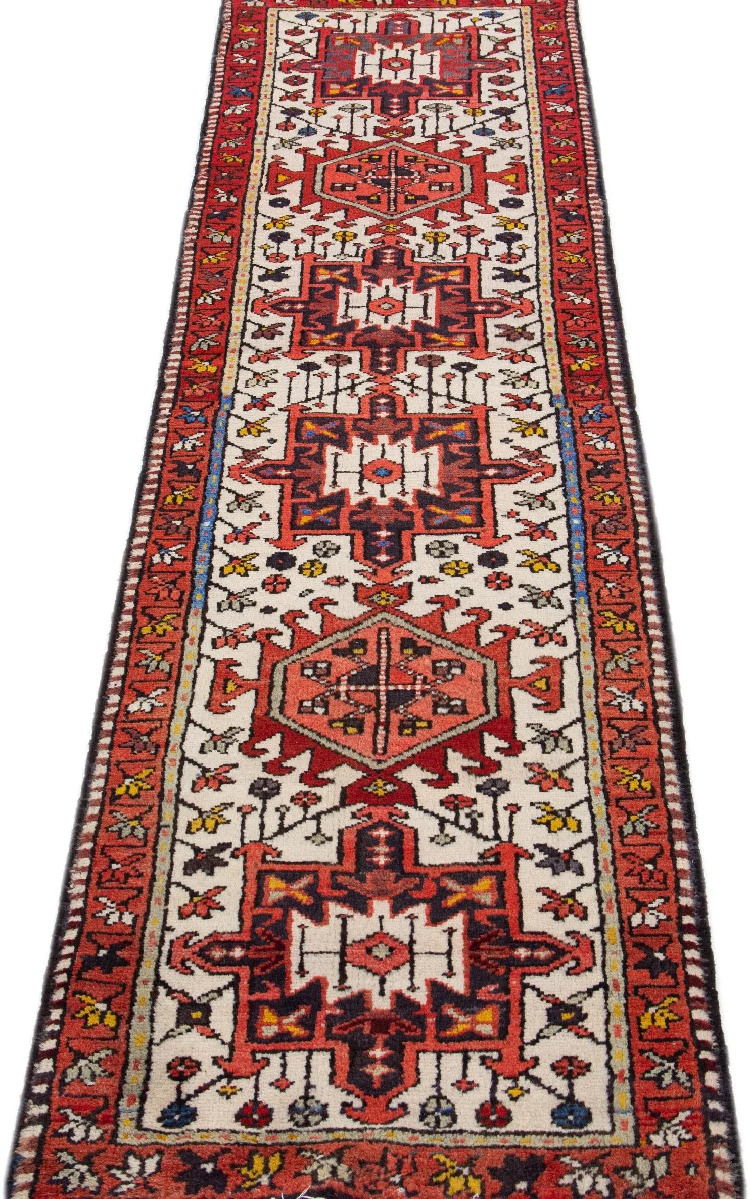 1960s Red Vintage Persian Heriz Handmade Geometric Wool Runner - 3