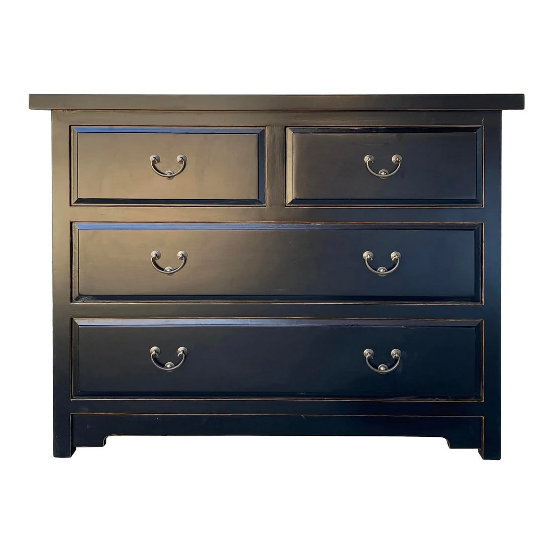 Oriental Black Lacquer 4 Drawers Sideboard Credenza Dresser Cabinet: This is a handmade Chinese oriental dresser cabinet credenza sideboard with 4 drawers. The surface is finished with black lacquer showing natural wood grain pattern Dimensions: w41.5" x d17.75"x 