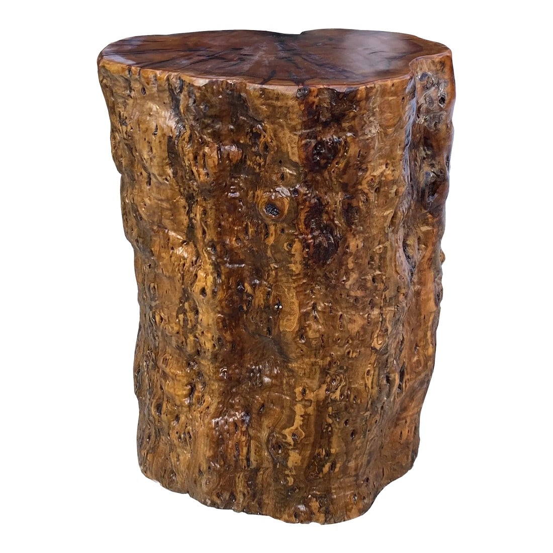 Raw Wood Rough Grain Finish Irregular Shape Short Stool Table: This is a handmade wood stool/stand table from a natural jojoba tree stem. A variation on wood pattern and patina. Dimensions: Dia 13"x h17.75" Origin: China Material: Jojoba tree