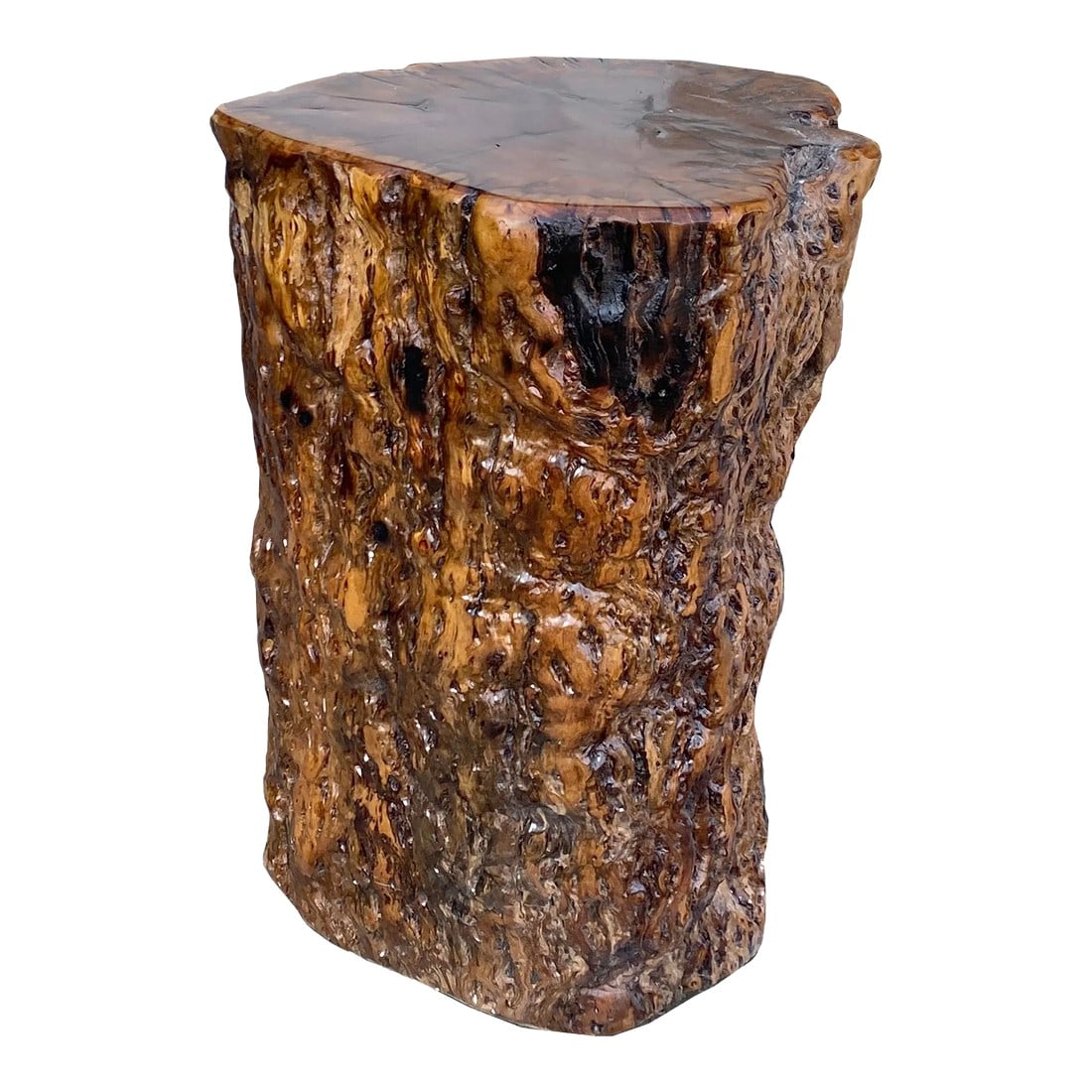 Raw Wood Rough Grain Finish Irregular Shape Short Stool Table: This is a handmade wood stool/stand table from a natural jojoba tree stem. A variation on wood pattern and patina. Dimensions: Dia 13"x h17.75" Origin: China Material: Jojoba tree