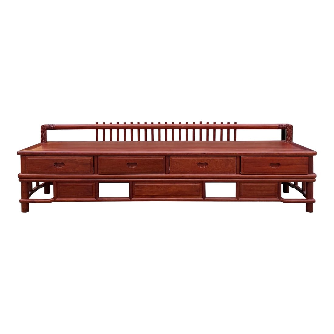 Zen Chinese Brown Wood Bar Panel Bench Low Cabinet: This is a handmade Chinese accent decorative bench / daybed / chaises with a back in natural wood patina brown color. The accent decorative short back panel is in a simple bar pattern design. 
