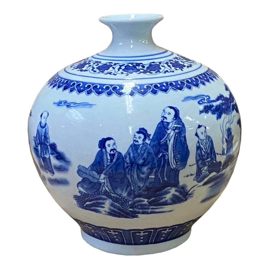 Chinese Oriental Blue White Porcelain Graphic Scenery Vase: This is an oriental Chinese vase with a white base and blue color oriental people scenery graphics. Dimensions: Dia 8" x h8" Origin: China Material: Porcelain Condition: hand made, in good condition U