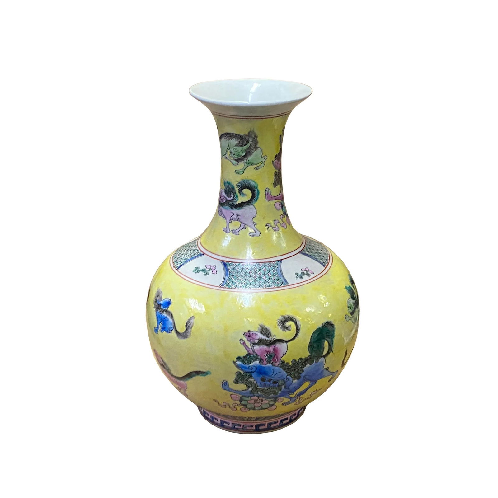 Chinese Handmade Yellow Base Multi-Color Foo Dogs Porcelain Vase - 2