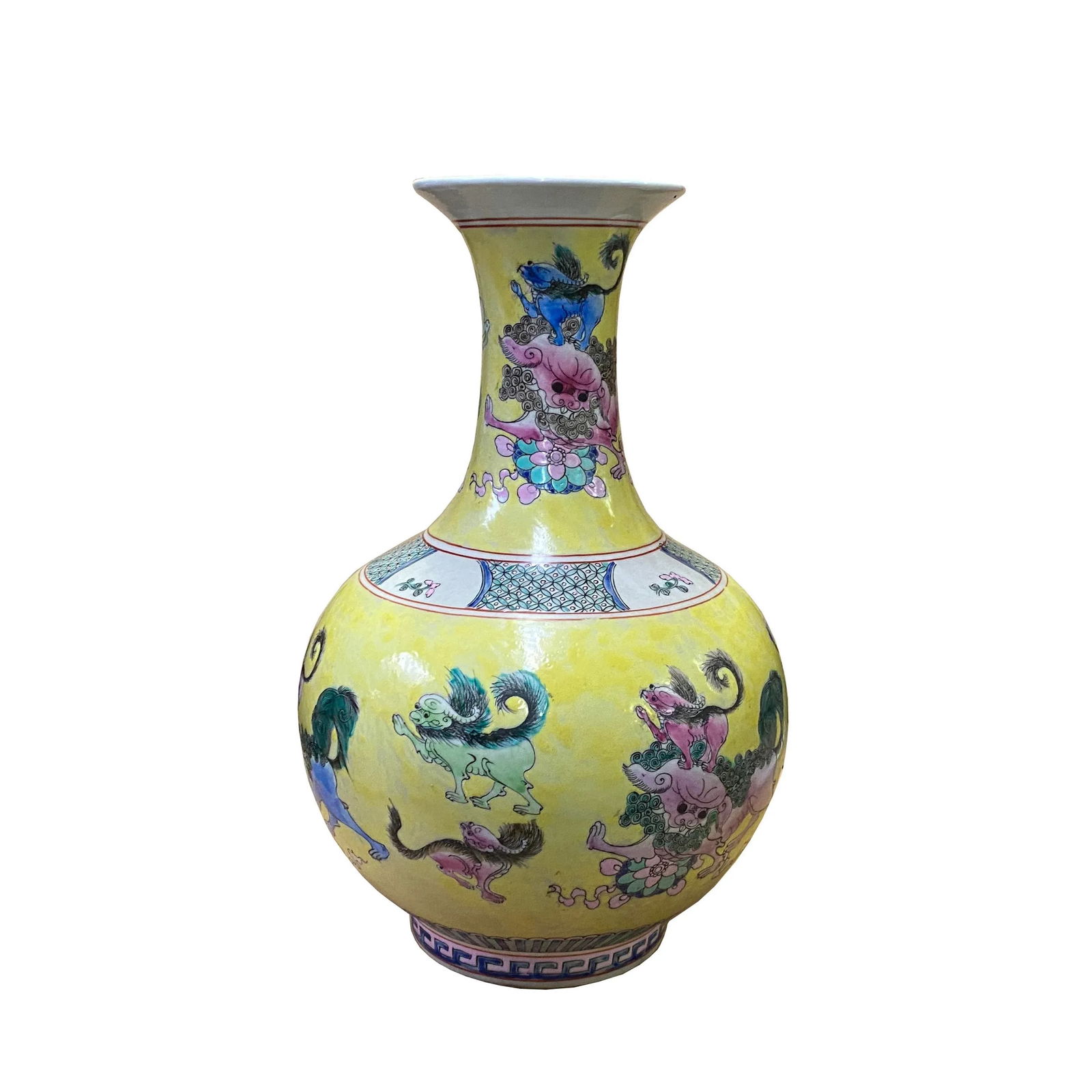 Chinese Handmade Yellow Base Multi-Color Foo Dogs Porcelain Vase - 3