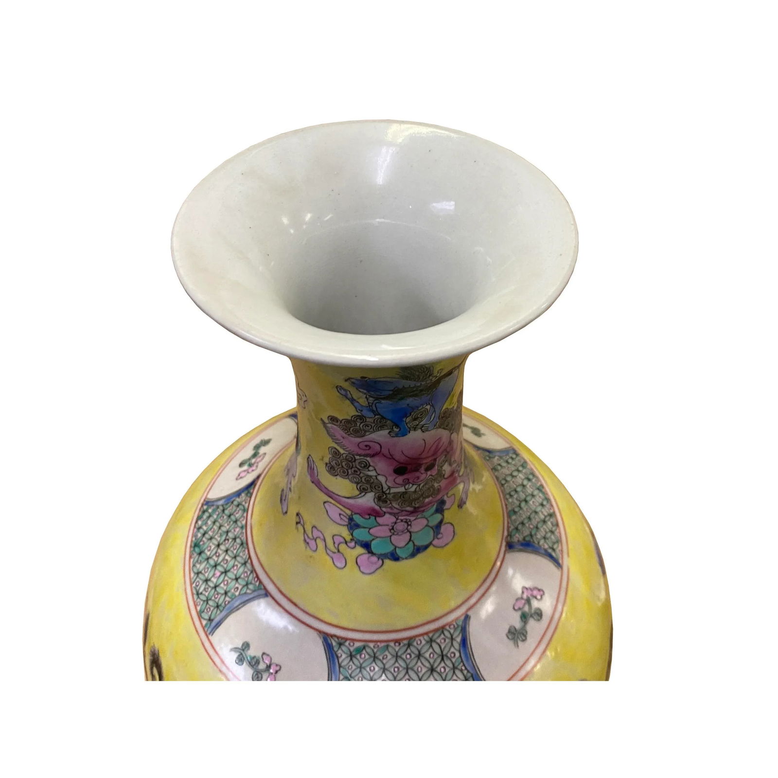 Chinese Handmade Yellow Base Multi-Color Foo Dogs Porcelain Vase - 4