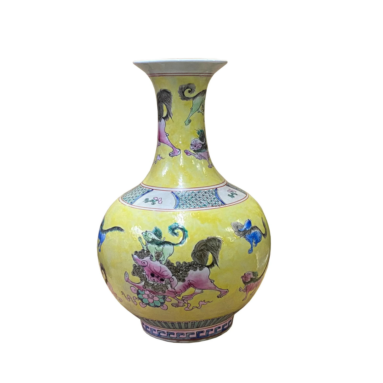 Chinese Handmade Yellow Base Multi-Color Foo Dogs Porcelain Vase - 6