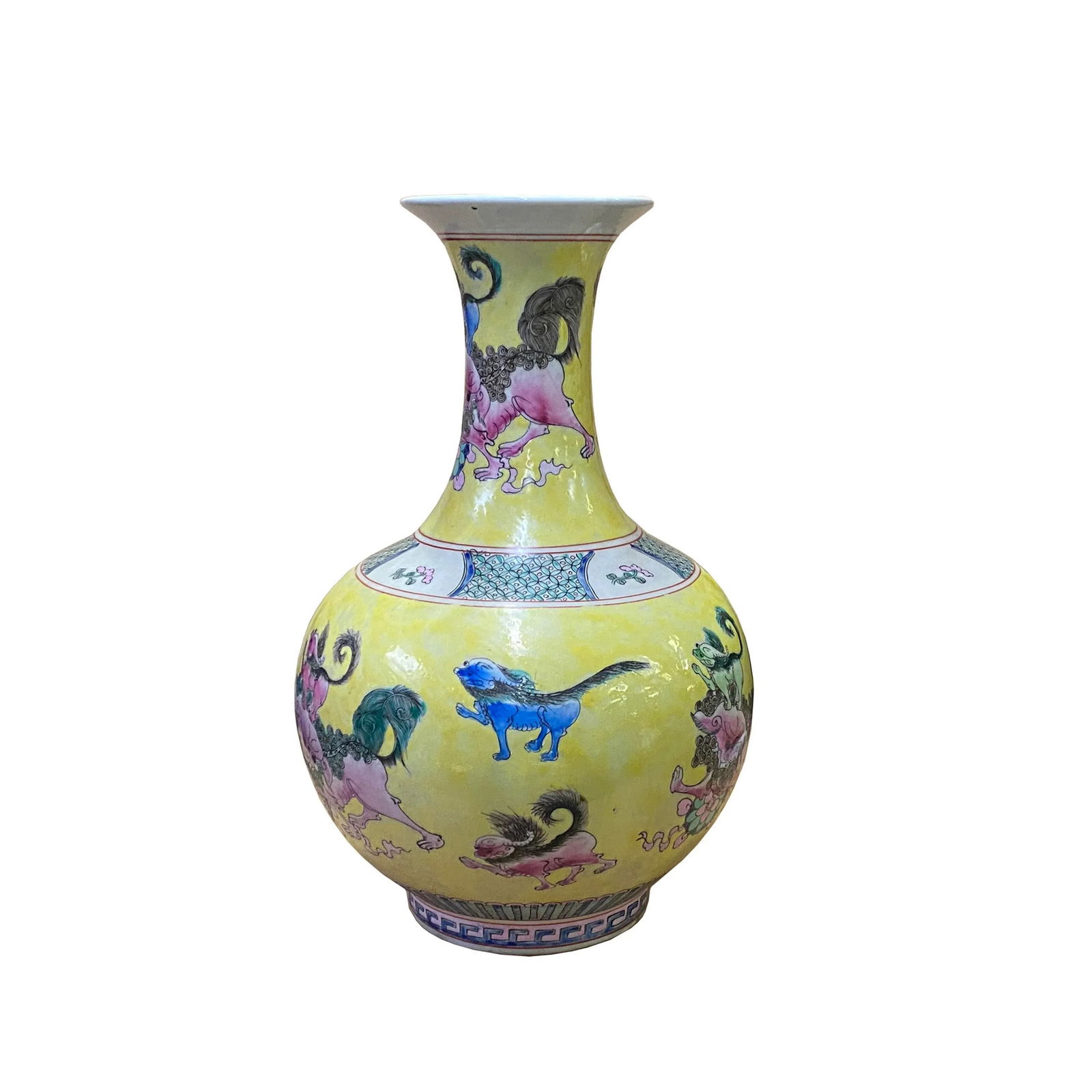 Chinese Handmade Yellow Base Multi-Color Foo Dogs Porcelain Vase - 7