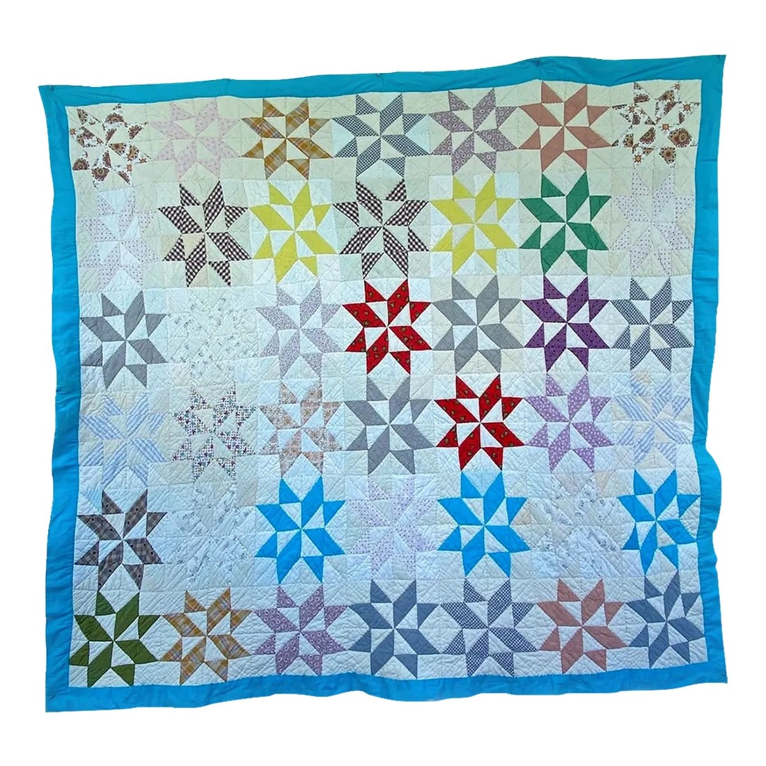 Vintage Mid-Western Eight Point Star Pattern Multi Colored Quilt: Wonderful vintage diamond-shaped patches in multiple colored cotton materials make up this mid-western eight point star pattern. Utilitarian household materials offer a vision of the quilts Midwest or