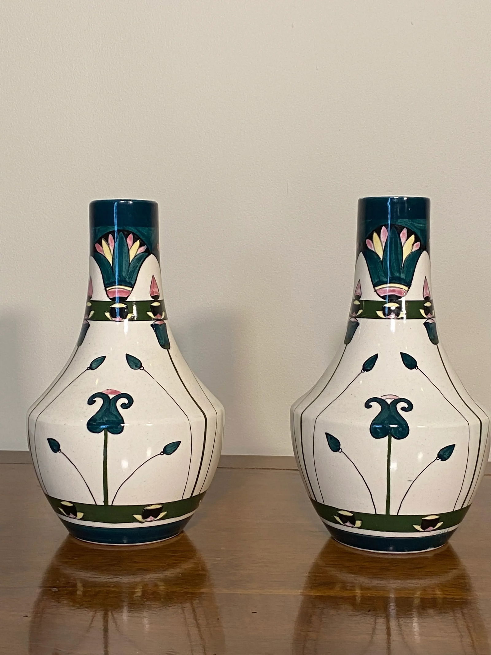 Pair of Hand Painted Dutch Folk Ceramic Vases C. 1920s - 2