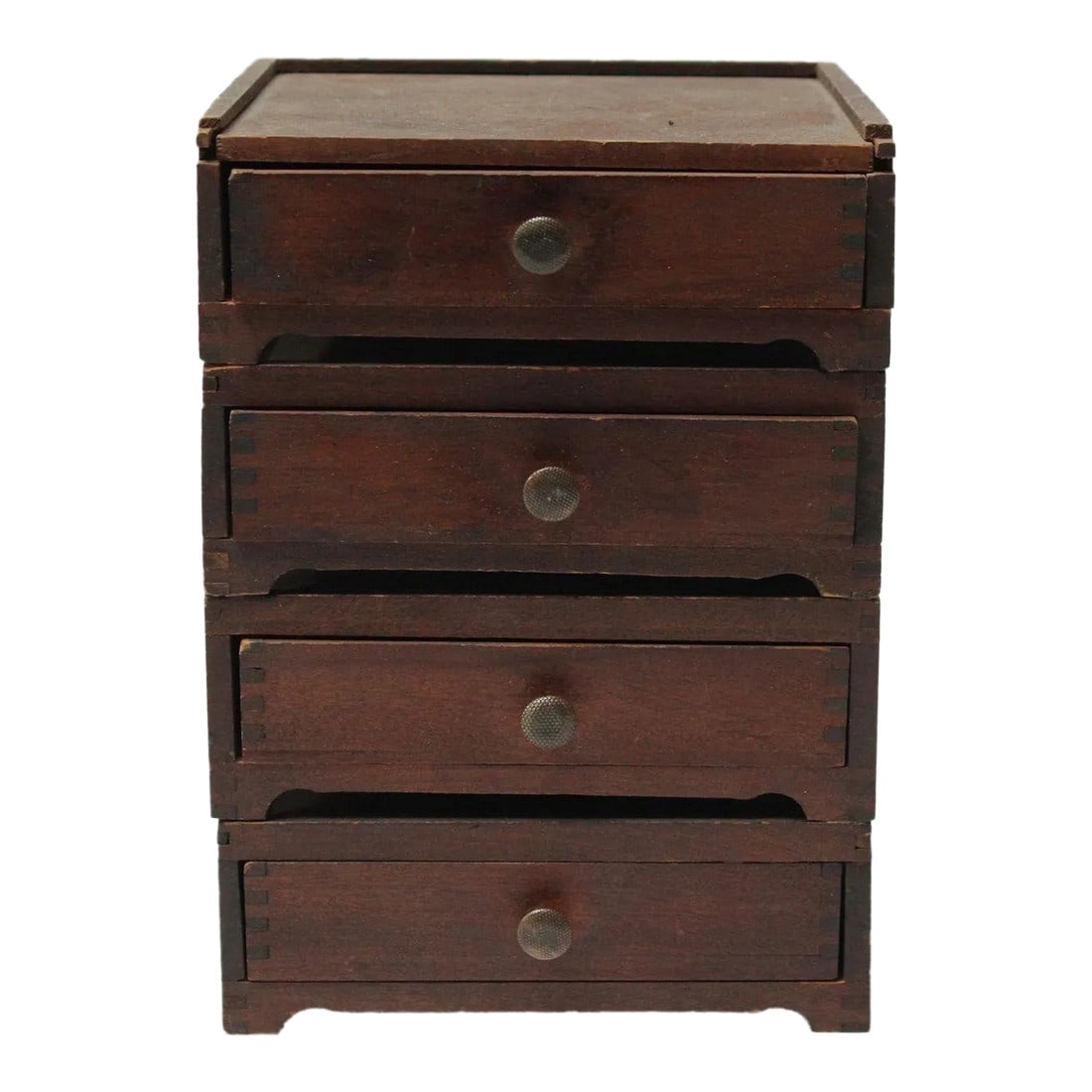 Diminutive Vintage Primitive Wooden Stacked Trinket Chest: Circa 1950 American vintage, hand-made stacking cabinet in stained pine composed of four drawer modules adhered together to form a larger storage component (unit does not separate into modules - it is
