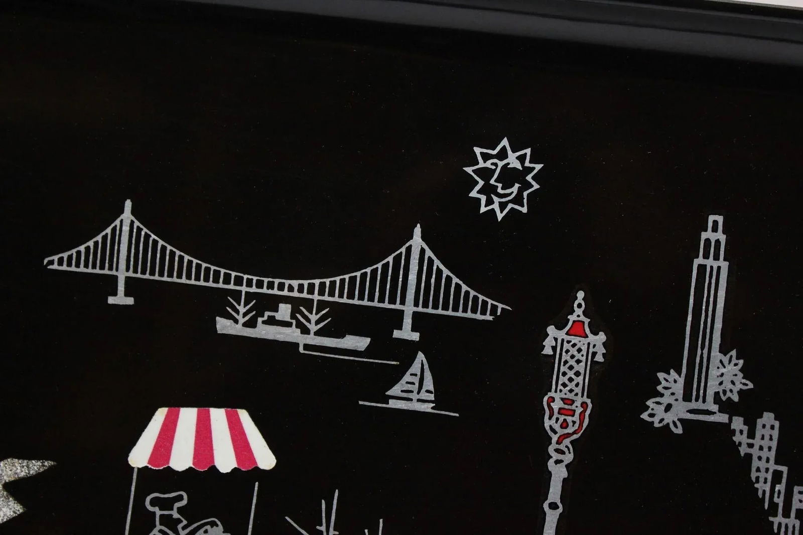 Rectangular Mid-Century Black Resin Inlaid "San Francisco" Cityscape Tray by Couroc for Gump's - 10