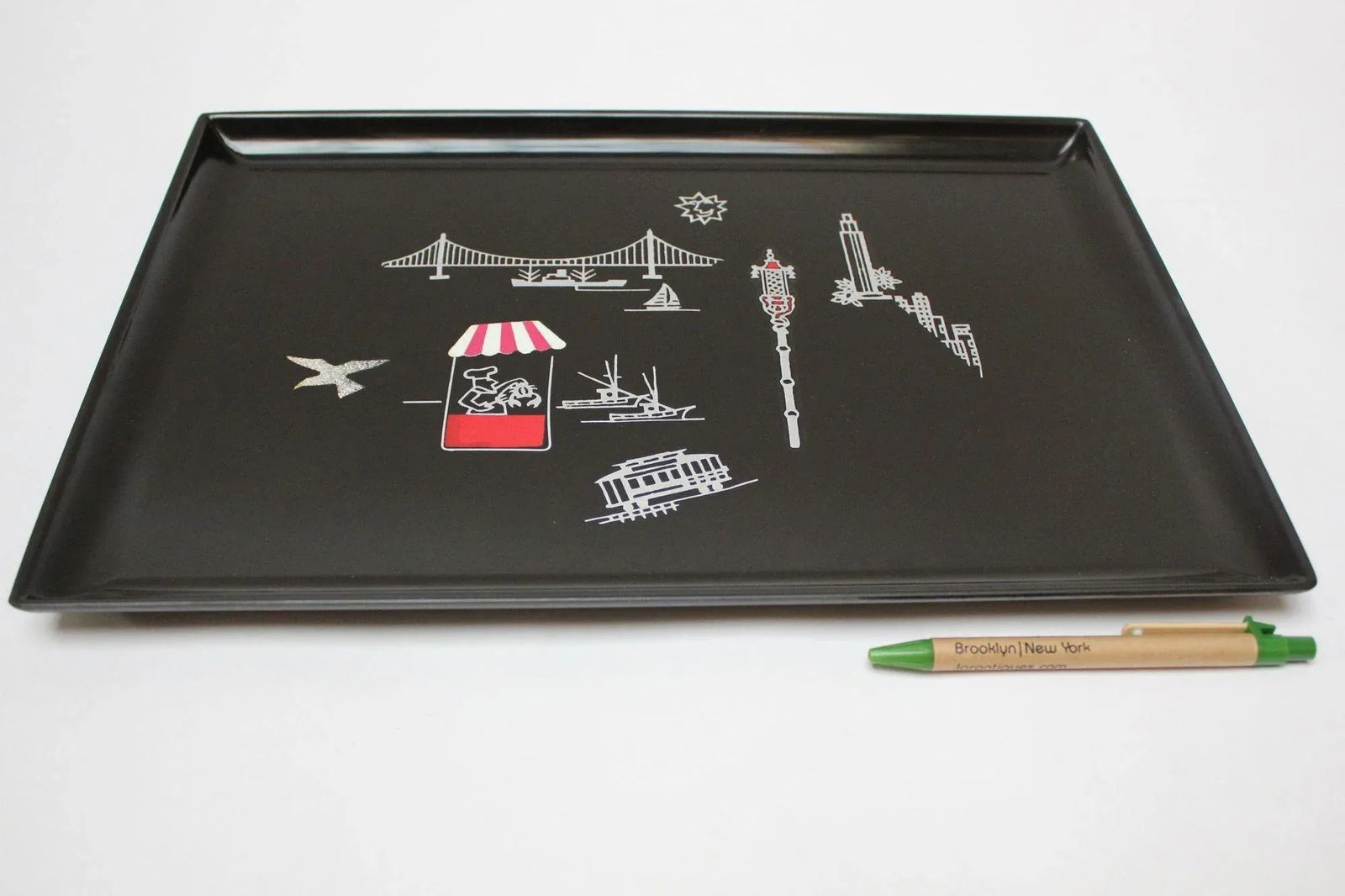 Rectangular Mid-Century Black Resin Inlaid "San Francisco" Cityscape Tray by Couroc for Gump's - 7