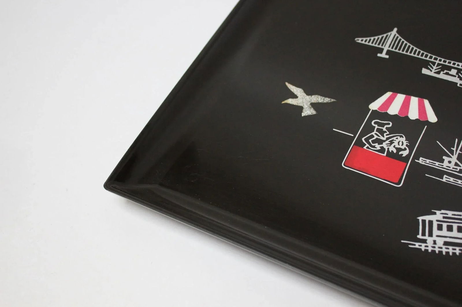 Rectangular Mid-Century Black Resin Inlaid "San Francisco" Cityscape Tray by Couroc for Gump's - 8
