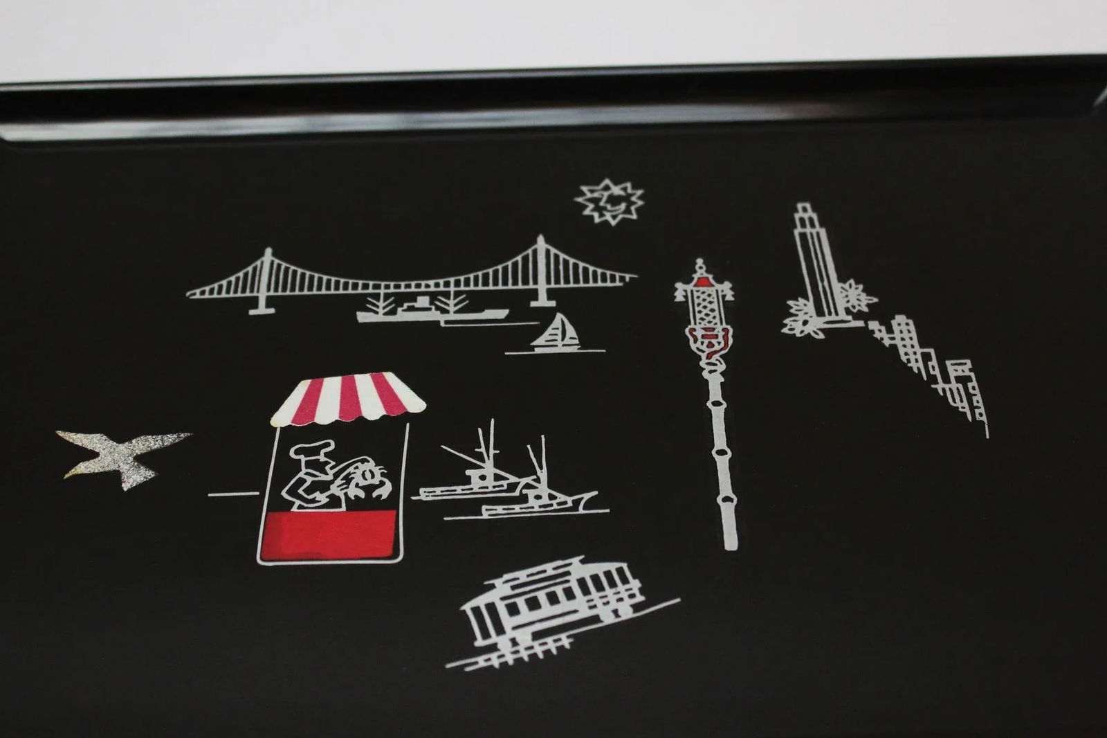 Rectangular Mid-Century Black Resin Inlaid "San Francisco" Cityscape Tray by Couroc for Gump's - 9