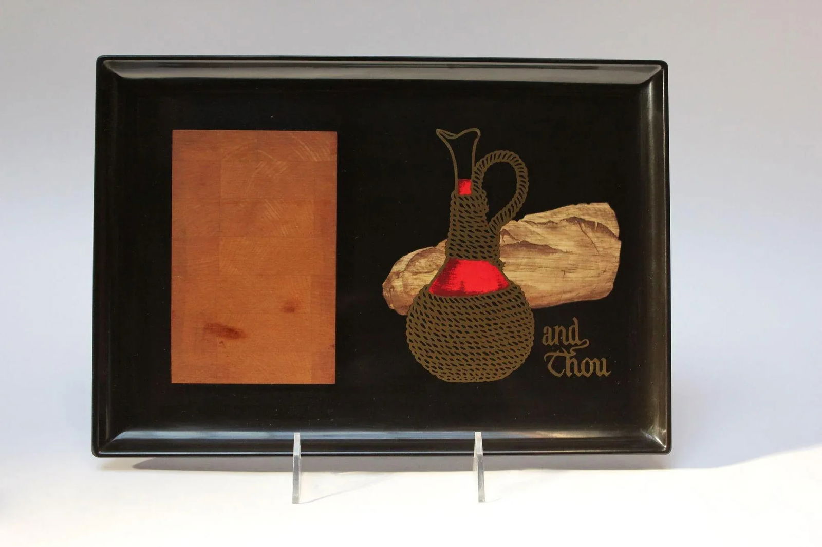 Large Mid-Century Black Resin and Maple Inlaid "Loaf"/Carafe"/"And Thou" Cheese Board by Couroc - 13