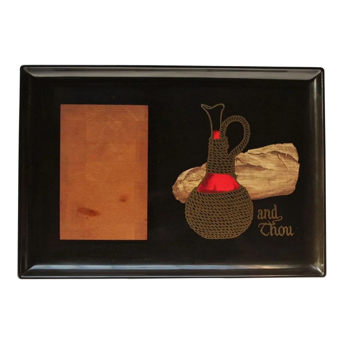 Large Mid-Century Black Resin and Maple Inlaid "Loaf"/Carafe"/"And Thou" Cheese Board by Couroc: Large tray with Vermont maple cheese board panel by Couroc of Monterey, California (circa 1960s). Composed of a black lacquer phenolic resin (water, burn, stain, and detergent resistant plastic) with