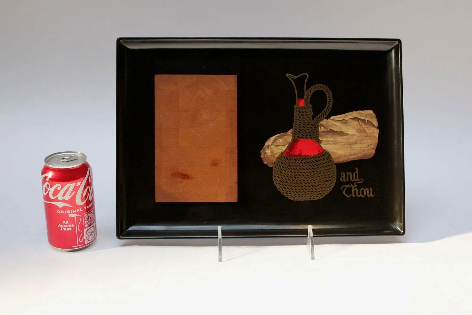 Large Mid-Century Black Resin and Maple Inlaid "Loaf"/Carafe"/"And Thou" Cheese Board by Couroc - 7