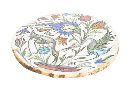 19th Century Antique Persian Hand Painted Round Tile W/Birds & Flowers