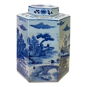 Chinese Blue & White Porcelain Trees Scenery Hexagon Jar Container