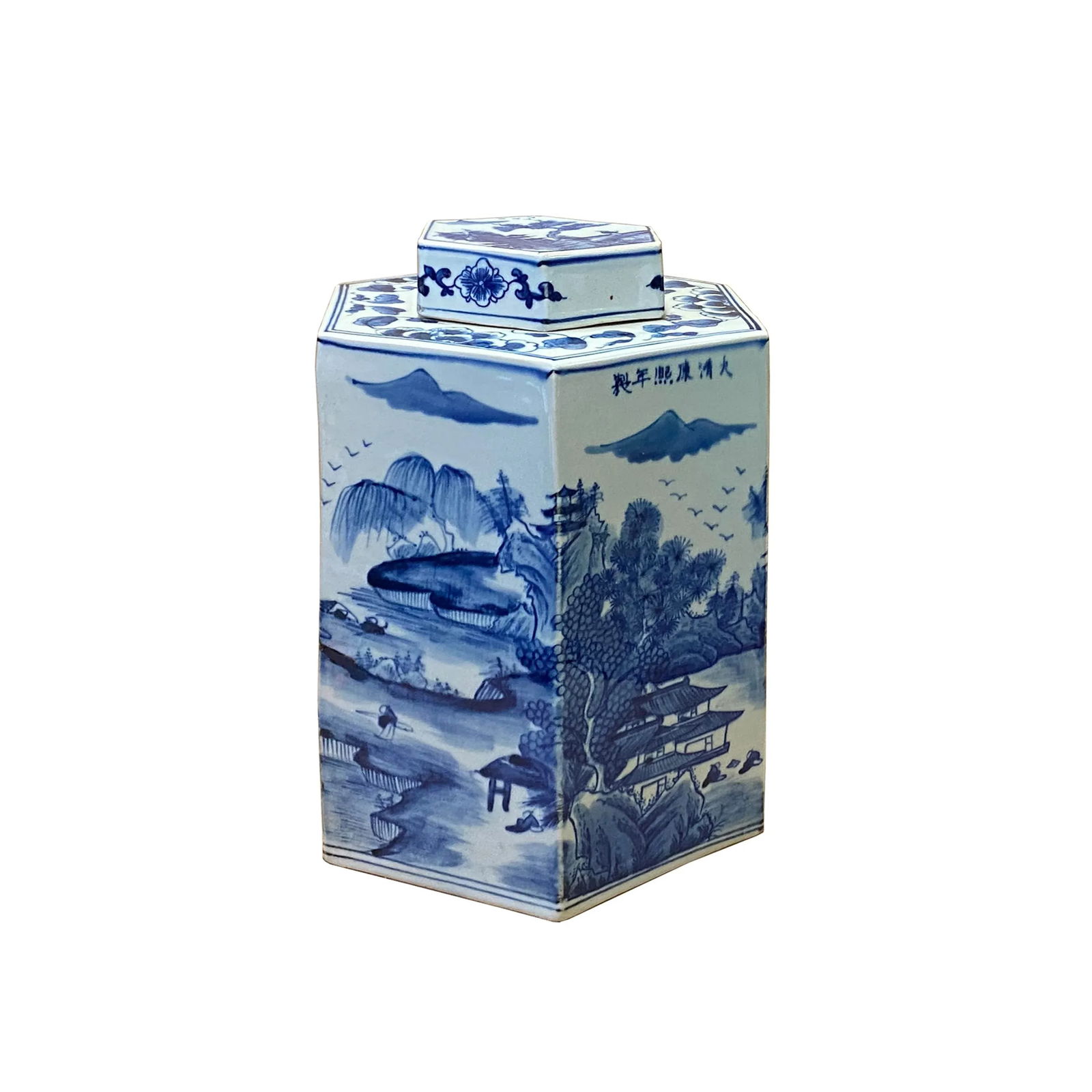 Chinese Blue & White Porcelain Trees Scenery Hexagon Jar Container - 4