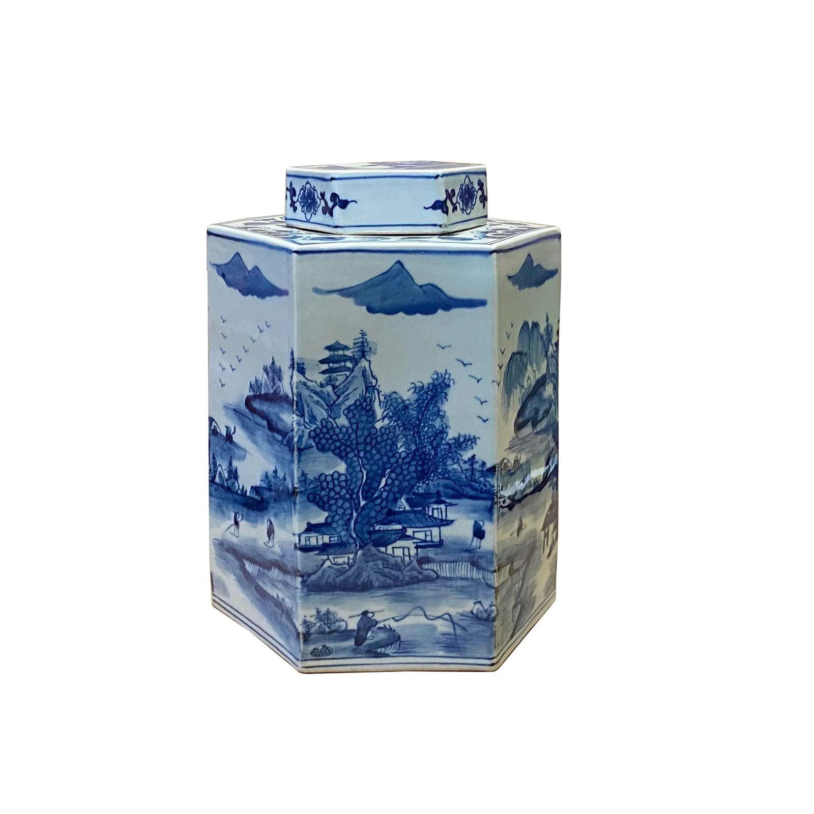 Chinese Blue & White Porcelain Trees Scenery Hexagon Jar Container - 5