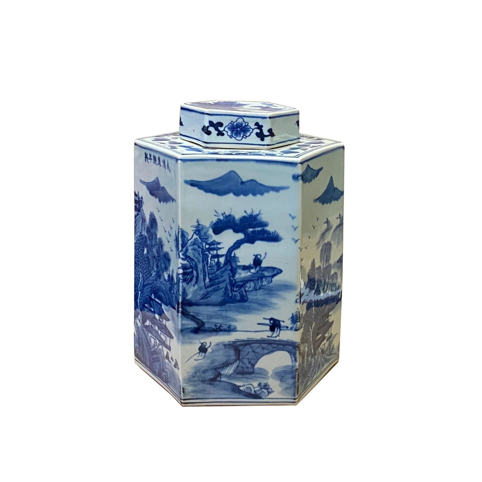 Chinese Blue & White Porcelain Trees Scenery Hexagon Jar Container - 6