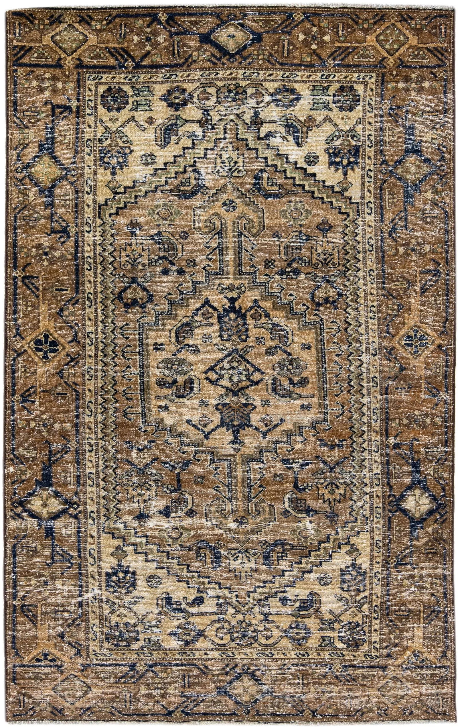 1960s Vintage Persian Distressed Handmade Tribal Brown Wool Rug - 7