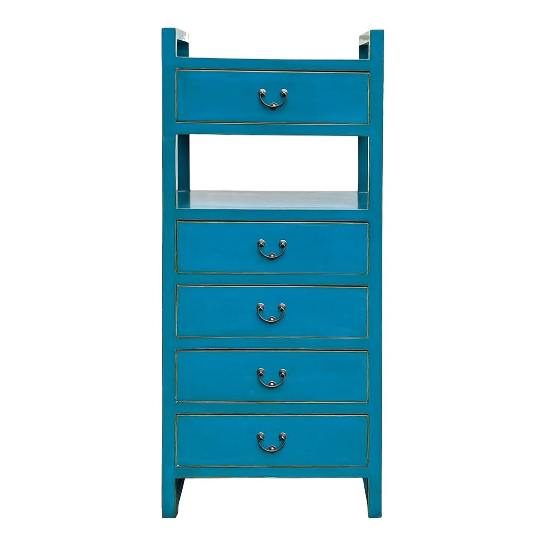 Oriental Bright Benitoite Blue Drawers Open Shelves Chest Cabinet Stand: This is a cabinet with drawers and open display shelves painted with bright Benitoite Blue #0079AB lacquer color. Dimensions: w23.5" x d16"x h54.5" Drawer inside Dimension: w19"x d13"x h4.75" 