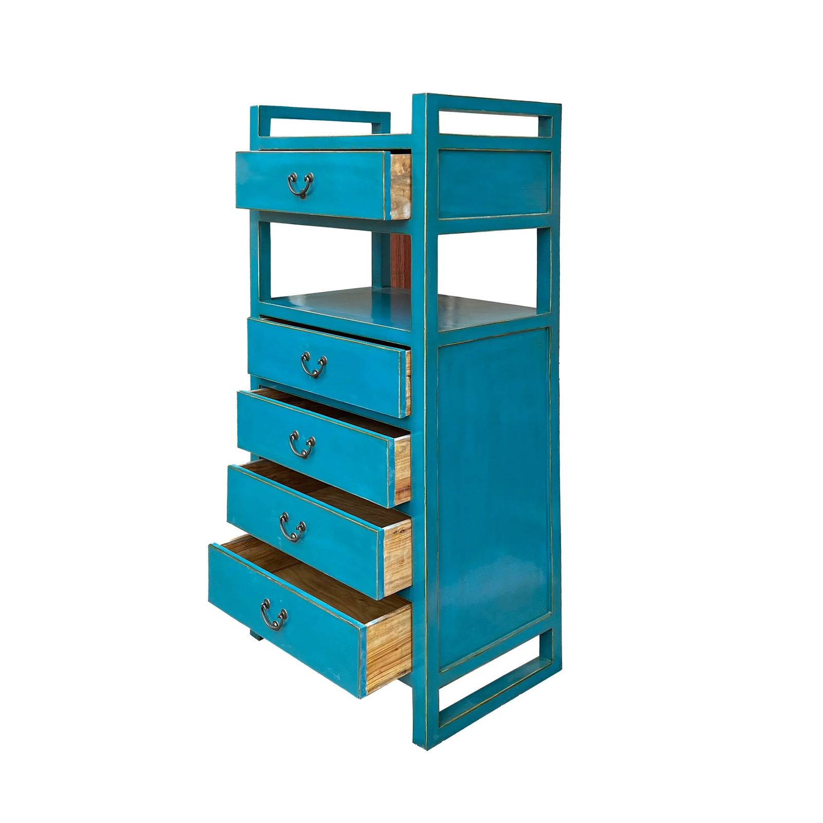 Oriental Bright Benitoite Blue Drawers Open Shelves Chest Cabinet Stand - 4