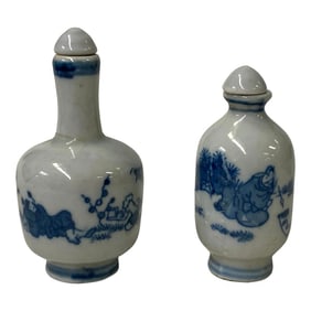 2 X Chinese Porcelain Snuff Bottle With Blue White Scenery Graphic
