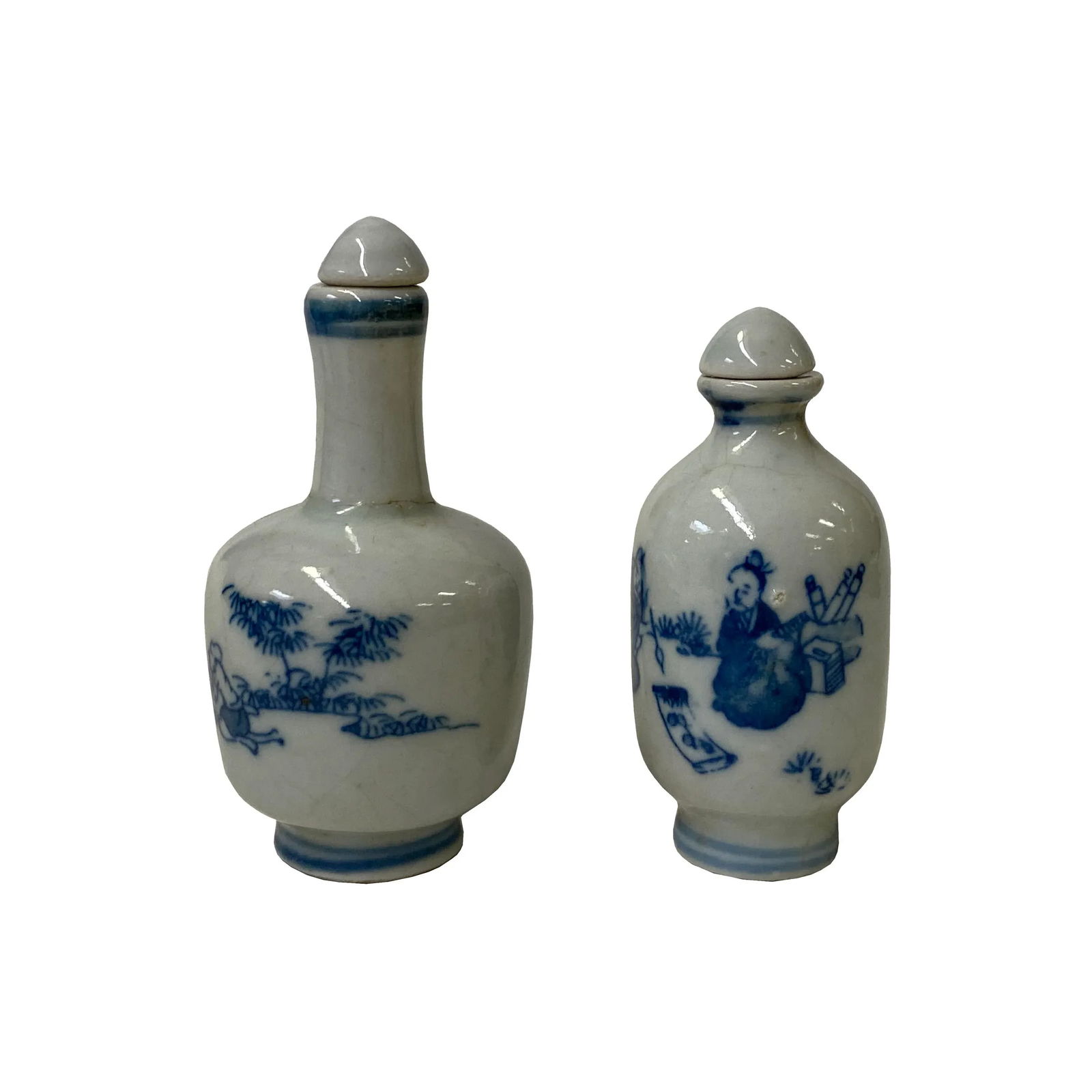 2 X Chinese Porcelain Snuff Bottle With Blue White Scenery Graphic - 2
