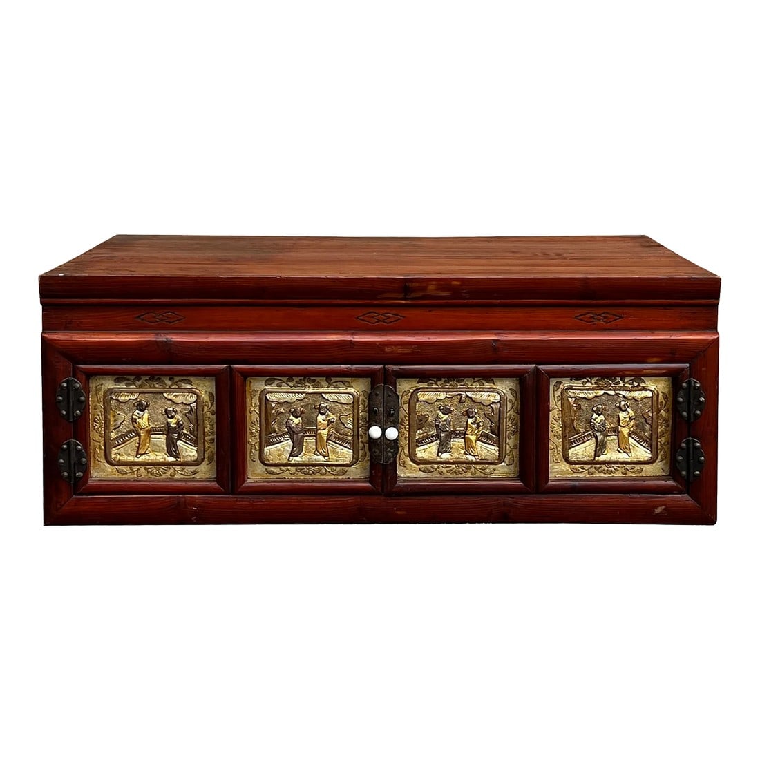 Chinese Vintage Fujian Golden Carving Low Table Cabinet Chest: This is a vintage southern China Fujian style small cabinet with brown frame color. The matte golden color is painted on the carving and as an accent on the doors. It can be a low table or storage che