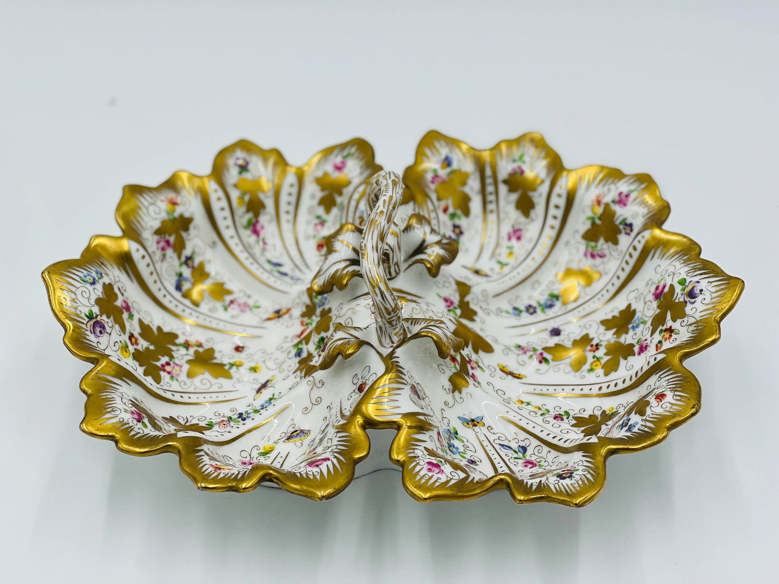Antique Ornate Ct Carl Tielsch Germany Floral Divided Handled Dish Herend Style - 12