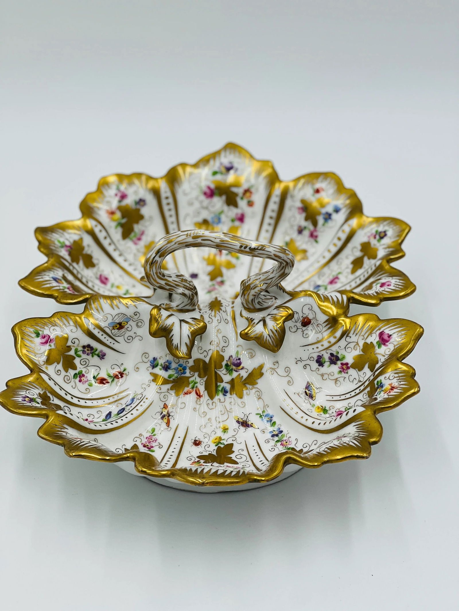 Antique Ornate Ct Carl Tielsch Germany Floral Divided Handled Dish Herend Style - 6