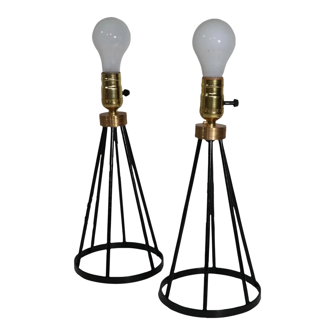 Pr. Mid Century Wrought Iron Boudoir Table Lamps Att .To Tony Paul: Pair of Diminutive Mid Century Modern table, or boudoir lamps, having conical form wrought iron bases with brass hardware. The lamps have been newly rewired and are in very good, clean working conditi