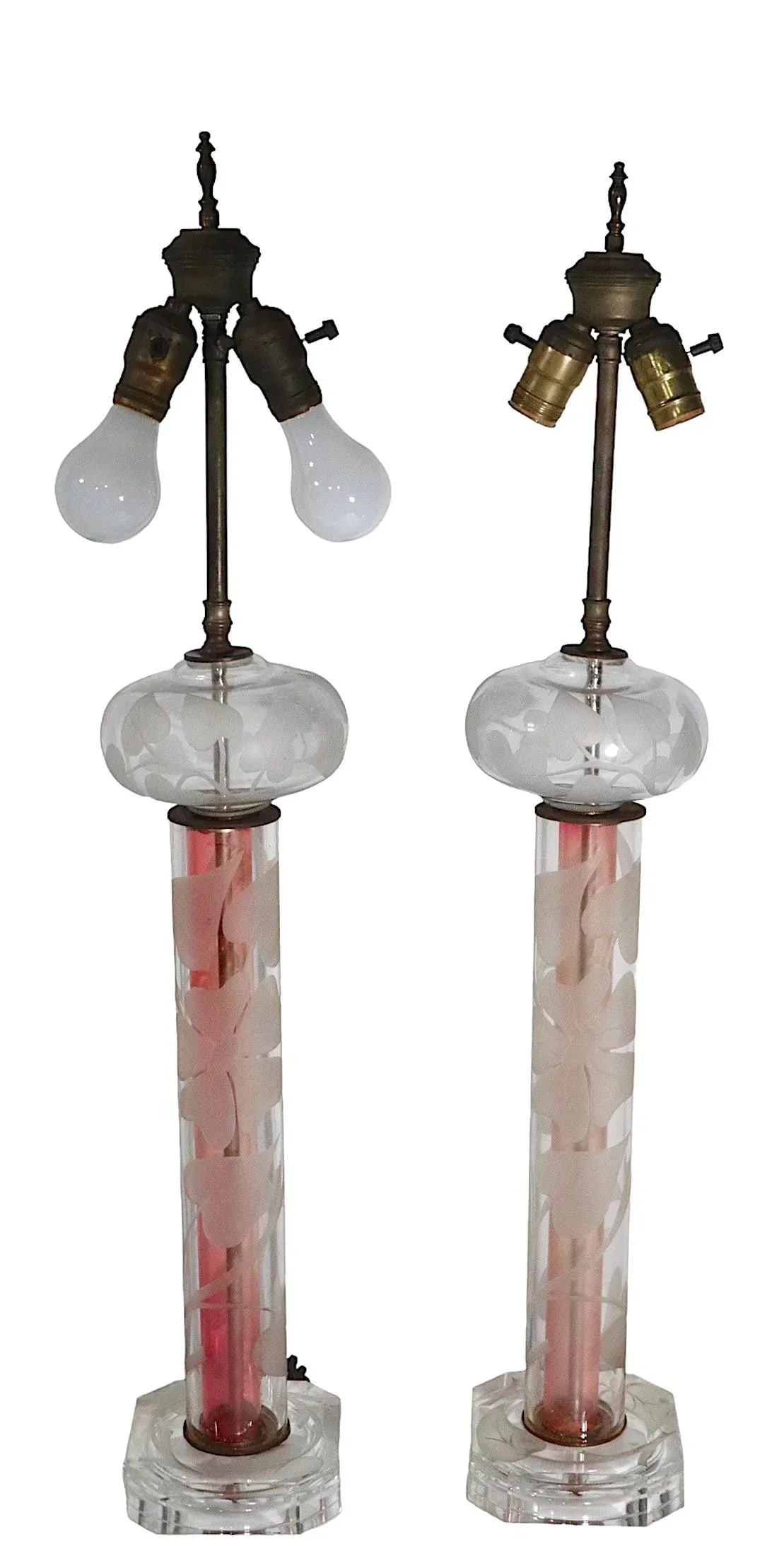 Tall Pr. Etched Glass Art Deco Mid Century Table Lamps After Dorothy Thorpe - 13