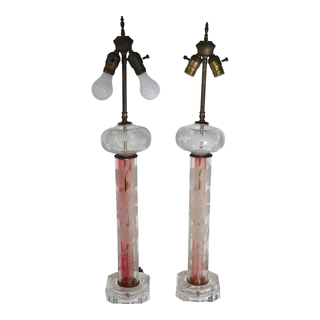Tall Pr. Etched Glass Art Deco Mid Century Table Lamps After Dorothy Thorpe: Nice decorative pair of Art Deco, Mid Century Modern style etched glass table lamps circa 1940's/1950's, design reminiscent of Dorothy Thorpe. Of unusual tall scale, constructed of a clear etched body
