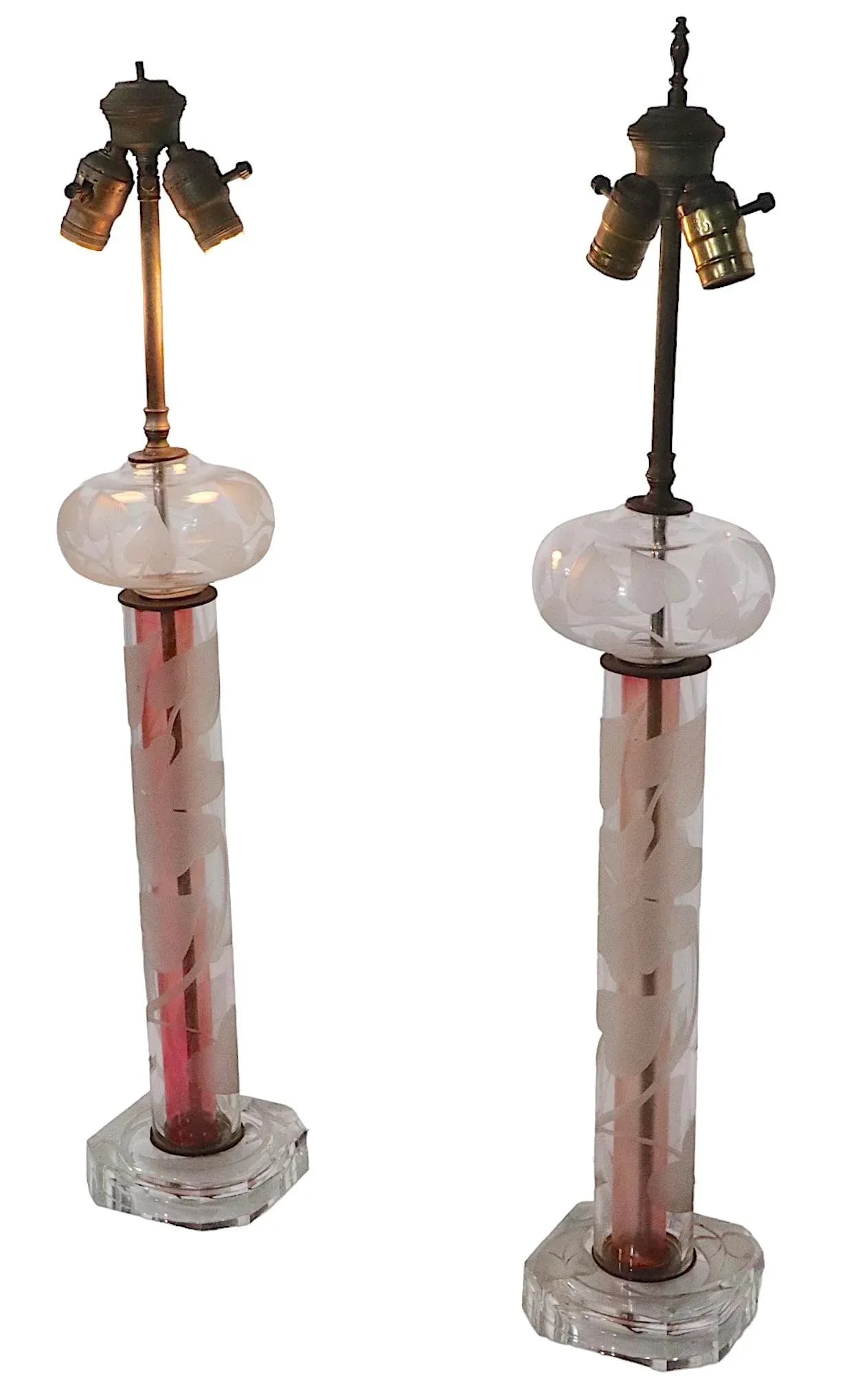 Tall Pr. Etched Glass Art Deco Mid Century Table Lamps After Dorothy Thorpe - 5