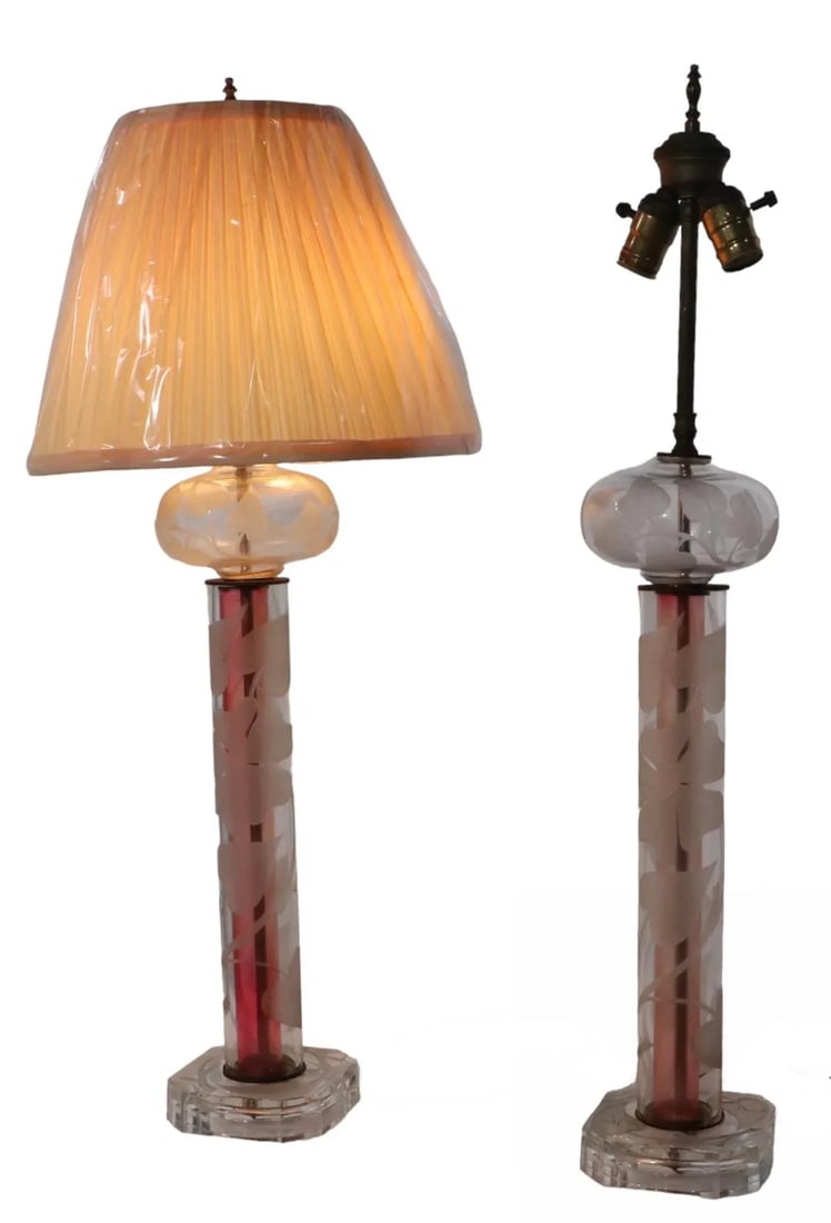 Tall Pr. Etched Glass Art Deco Mid Century Table Lamps After Dorothy Thorpe - 6
