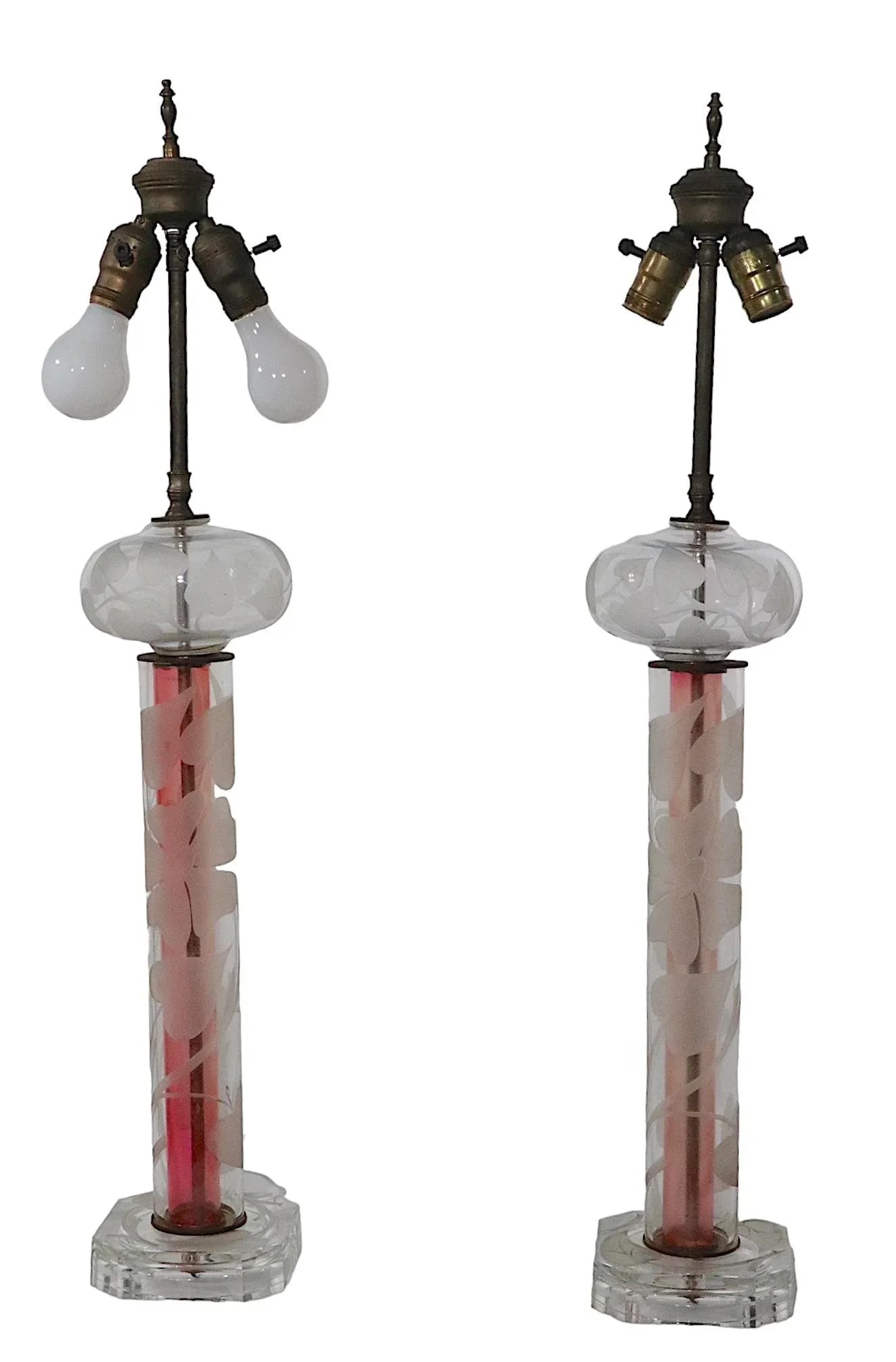 Tall Pr. Etched Glass Art Deco Mid Century Table Lamps After Dorothy Thorpe - 7