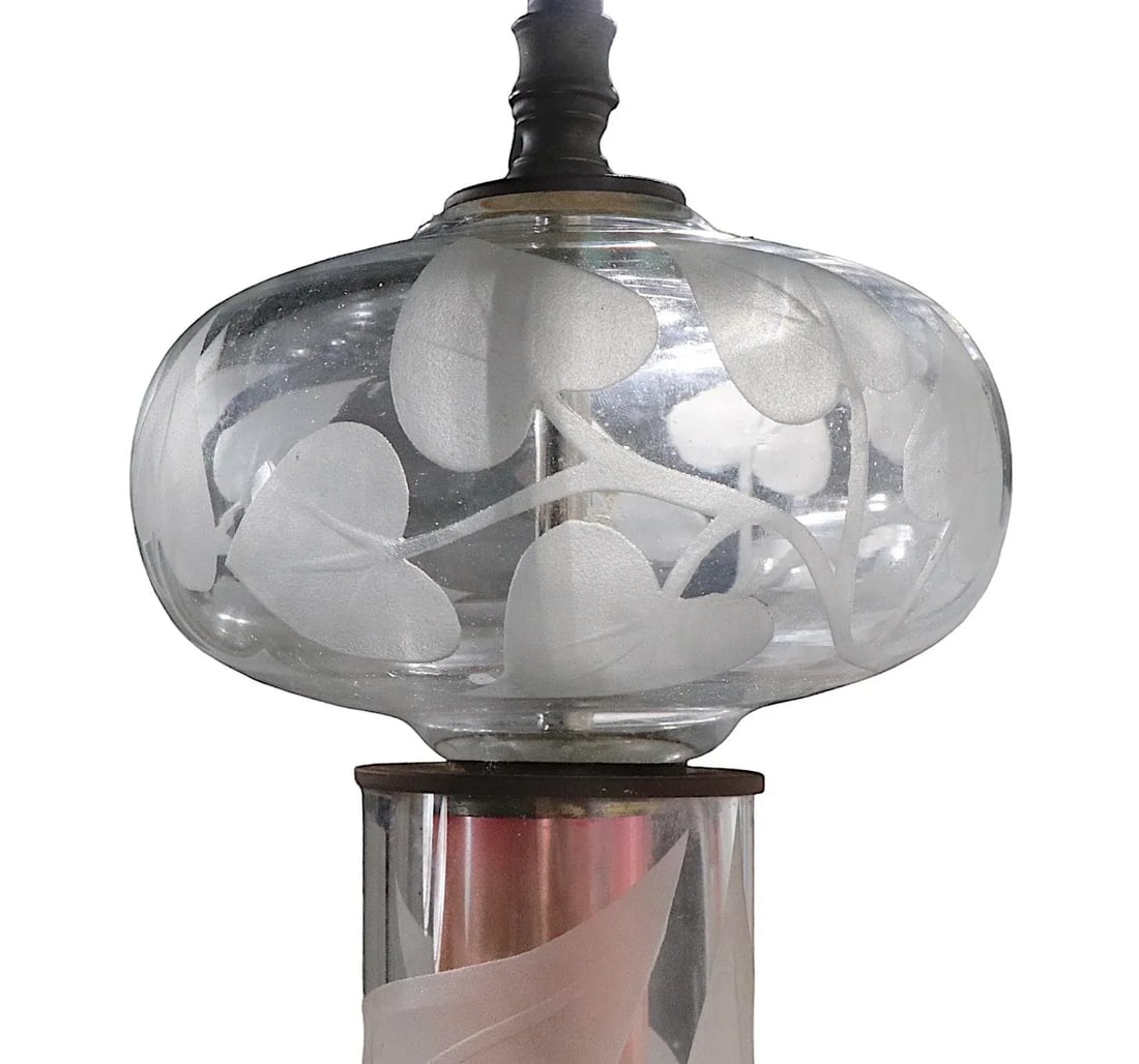 Tall Pr. Etched Glass Art Deco Mid Century Table Lamps After Dorothy Thorpe - 9