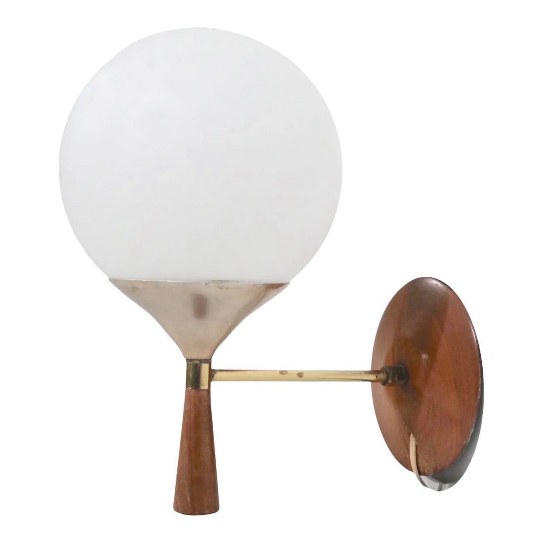 Mid Century Ball Globe Sconce After Thurston C. 1950's: Groovy Mid Century wall light sconce having a frosted white glass globe, which rests on a tapering metal cup, with wood base. The light has a brass rod arm, which extends out from the solid wood