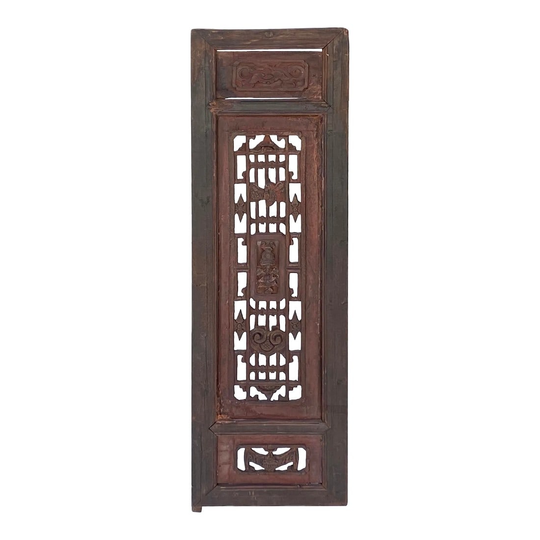 Chinese Vintage Restored Wood OxBlood Red Brown Wall Hanging Art: This is a restored vintage wood wall panel with an ancient Chinese carving motif and design. The loose part was fixed with filling, wood color has been waxed and stained a bit. Dimensions: w11.75" x