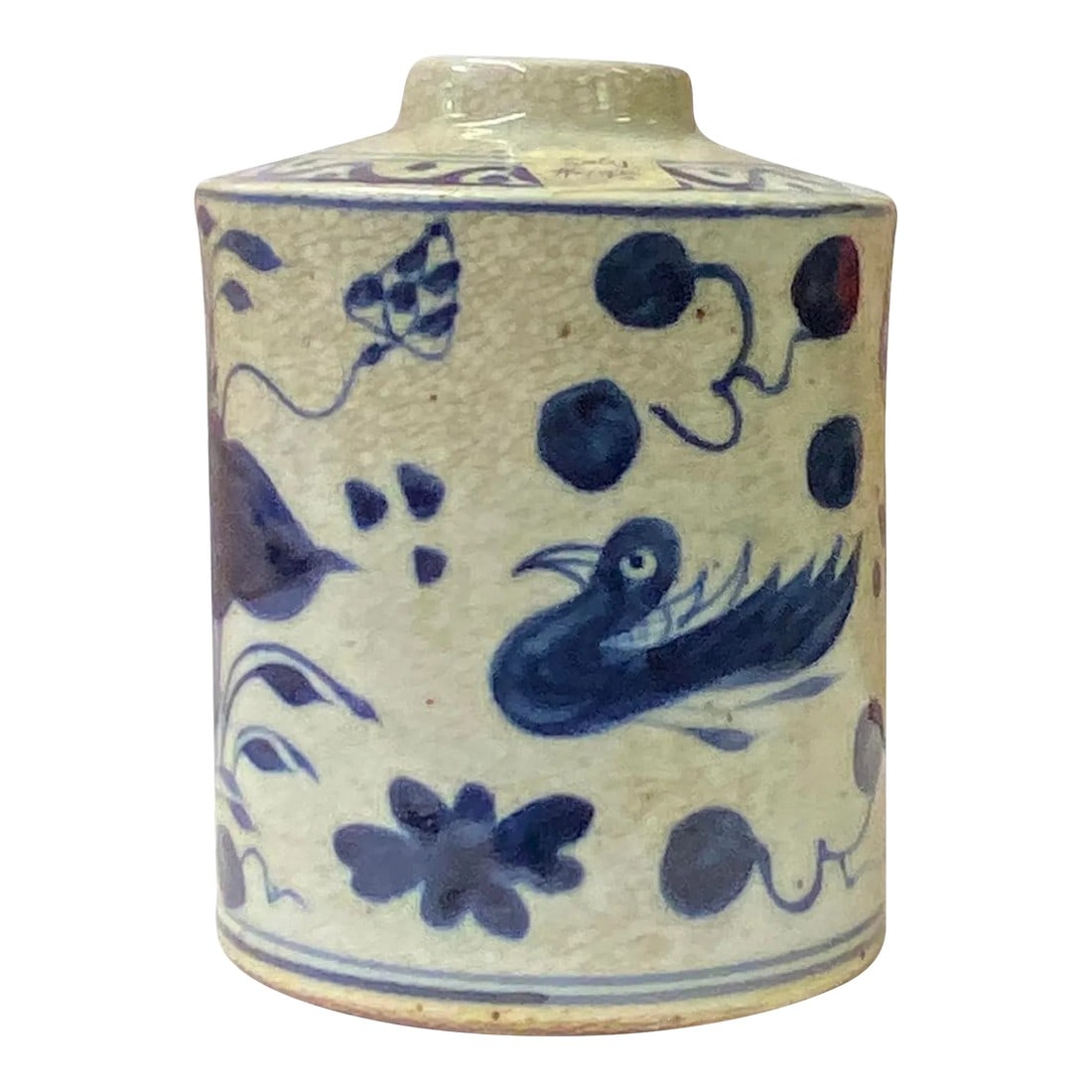 Chinese Distressed Beige Tan Porcelain Blue Birds Graphic Vase: This is a handmade Chinese distressed beige light tan crackle porcelain straight body vase. The surface is handpainted with birds artistic graphics. Dimensions: Dia 5.5" x h7" +-0.25" Origin: China Ma