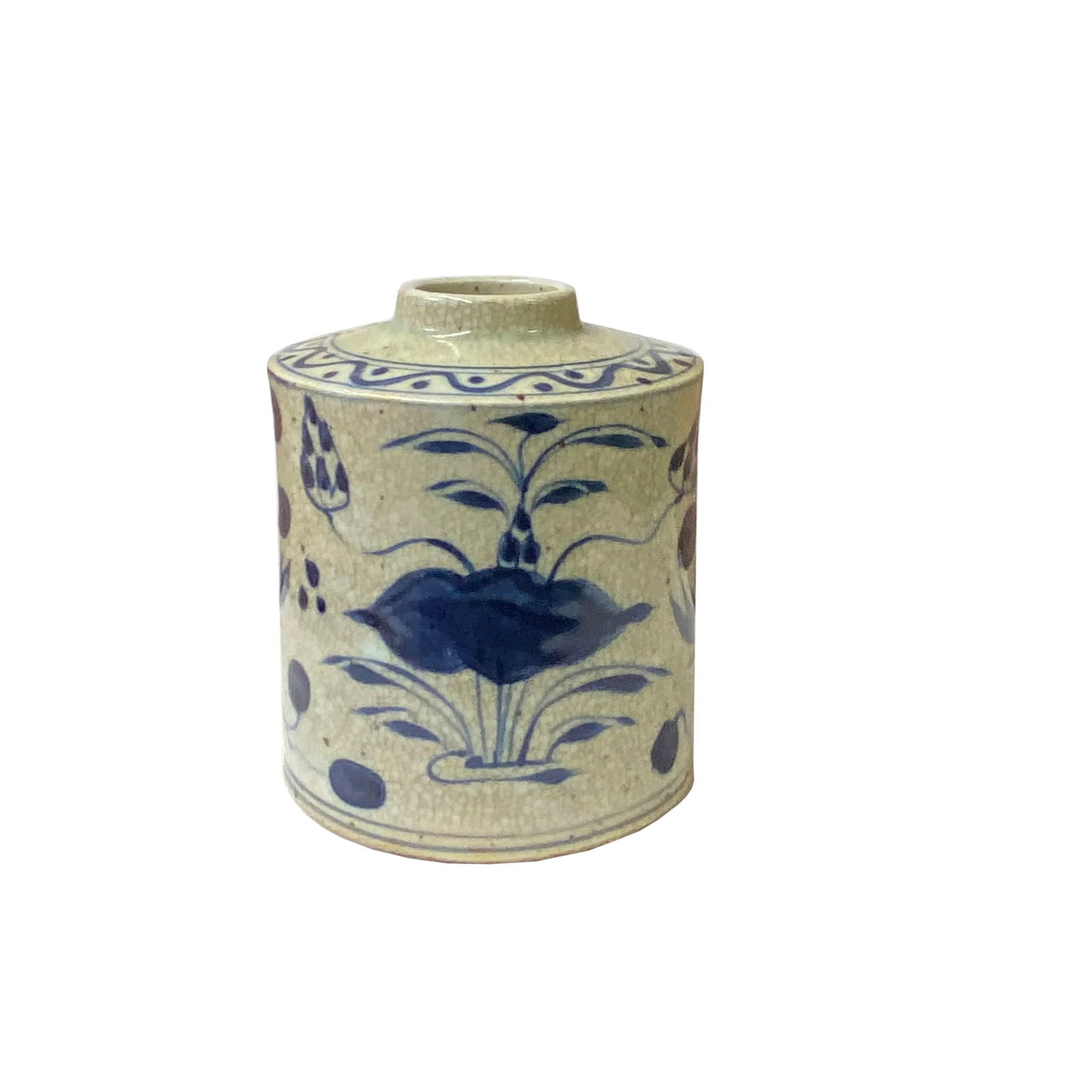 Chinese Distressed Beige Tan Porcelain Blue Birds Graphic Vase - 3