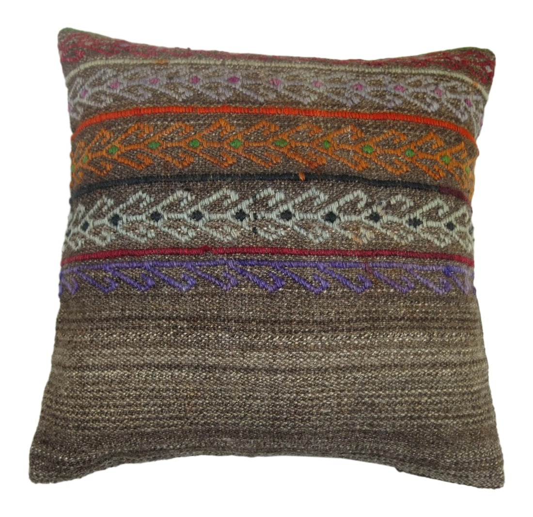 Mid 20th Century Turkish Kilim Pillow: Pillow made from a vintage turkish rug with cotton back. Zipper closure and foam insert provided. Condition: Alterations: Original Condition Unaltered Imperfections: Some Imperfections Condition