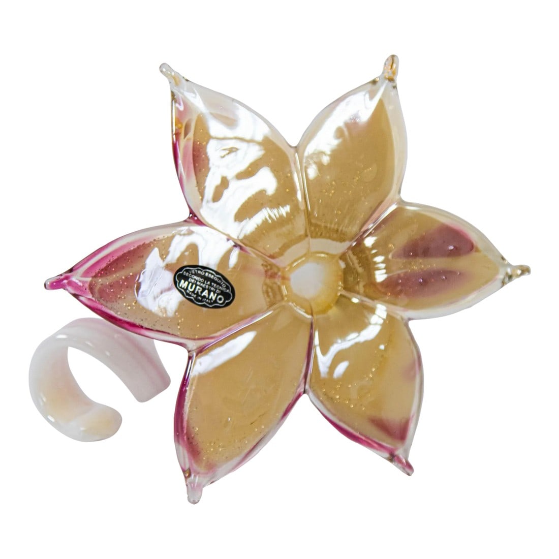 Murano Art Glass Paperweight Lily Shaped Flower With Curled Stem Italy: Italian Murano Art Glass Lily Flower with Curled Stem Paperweight. Beautiful blown art glass Murano lily shaped flower with a short curled stem, allowing it to be displayed various ways. Hand blown
